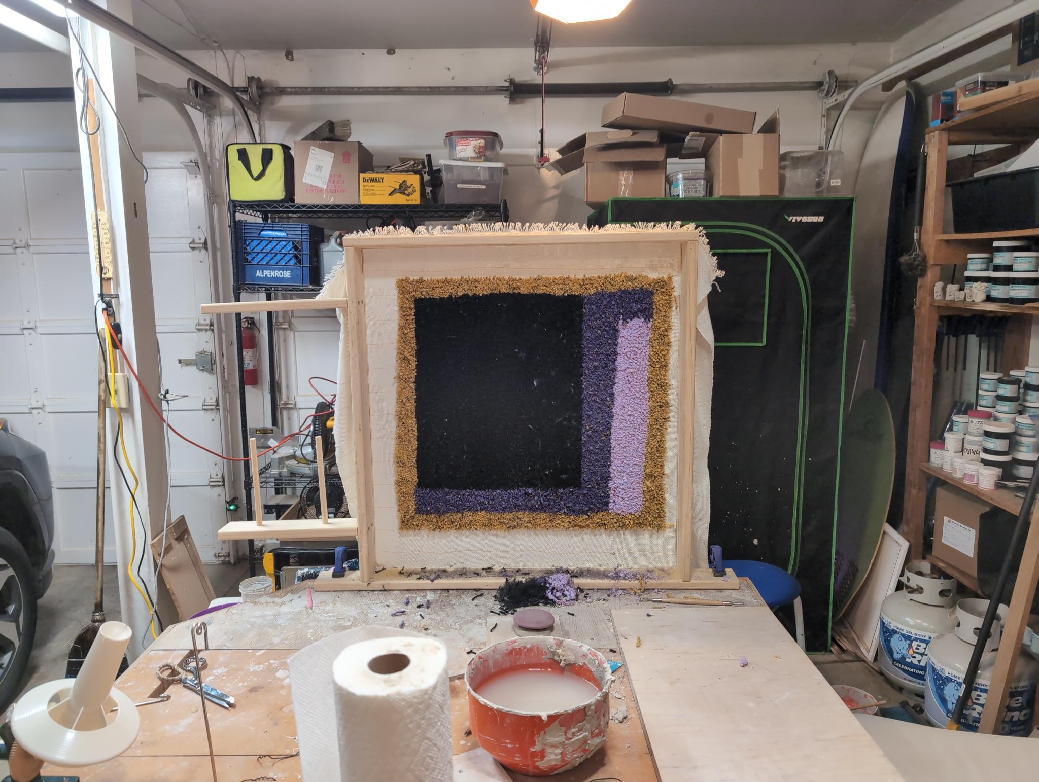 Mondrian-esque Purple, Gold, and Black Hand-tufted Rug