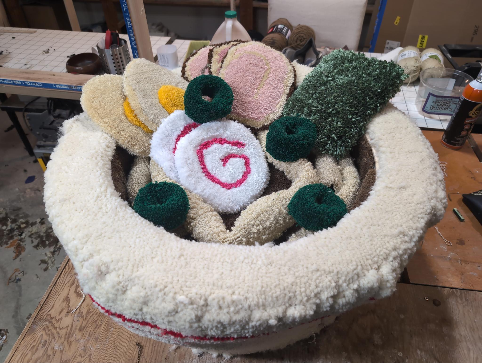 Looking down into the assembled bowl with the ingredients arranged inside